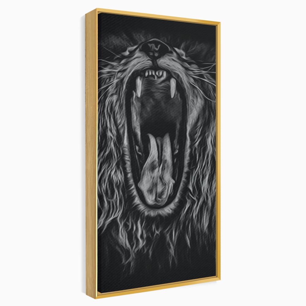 Tablou Canvas cu Leu Care Raguseste, Alb si Negru, M1385